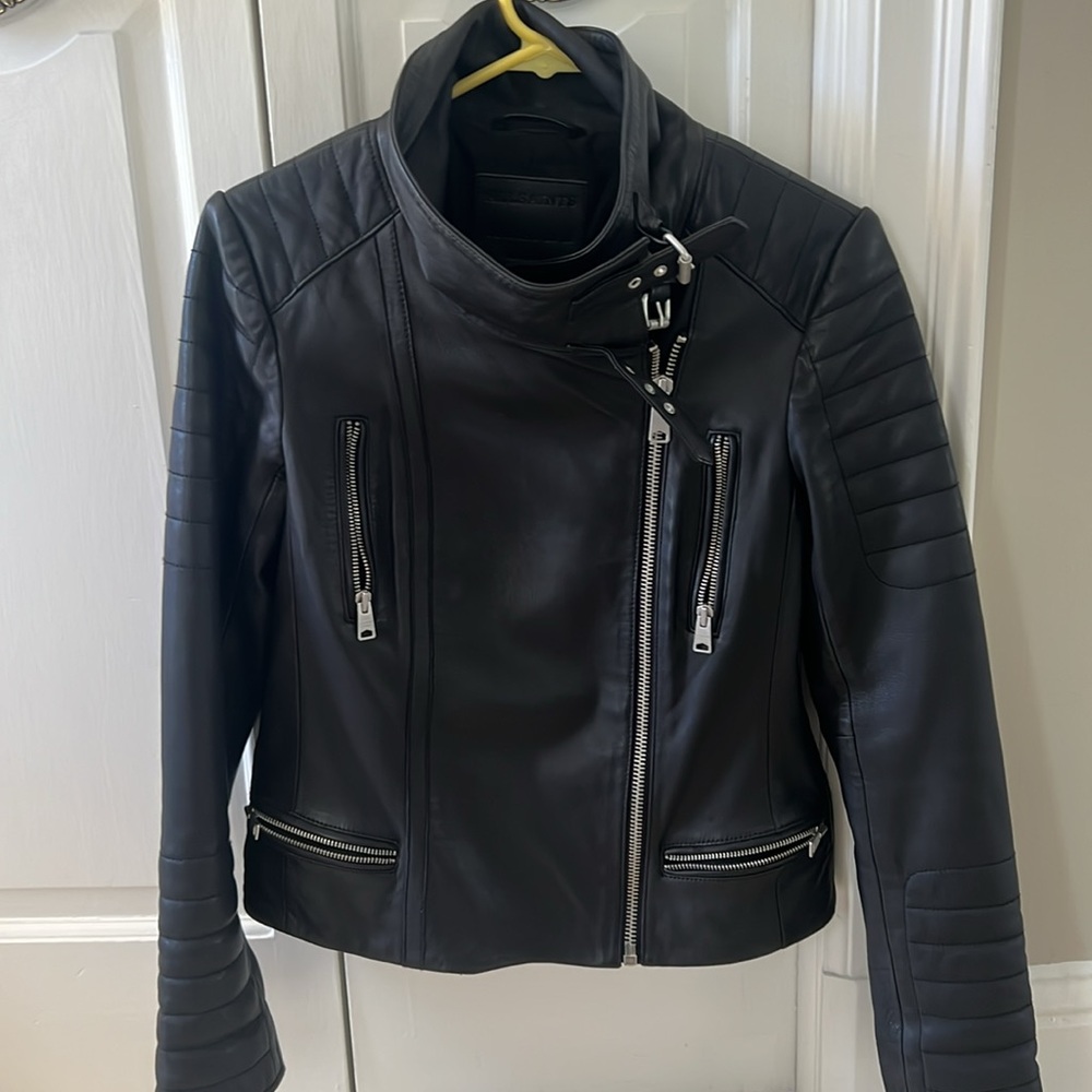 All Saints Steine Black Leather quilted ribbed Moto Jacket